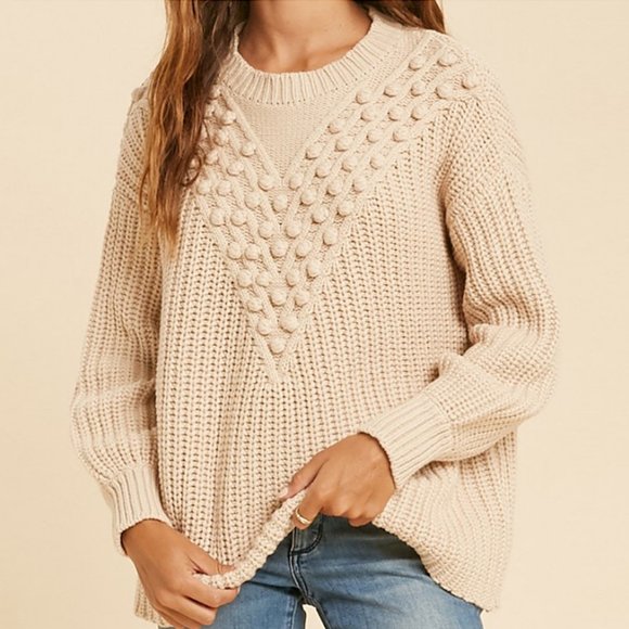 NEW Cotton Blend Chevron Pom Pom Knit SOFT Sweater - Picture 4 of 10